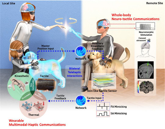 ETRI가 개발한 압전 소재 기반 센서·액추에이터를 적용하면, 가족과 떨어져 지내는 아빠가 만지는 강아지의 느낌을 햅틱 인터페이스를 통해 딸에게 전송할 수 있다. 딸은 아빠가 보내는 촉각 정보를 실시간으로 받아 가상공간에서 마치 실재처럼 강아지를 느낄 수 있다.  ETRI 제공